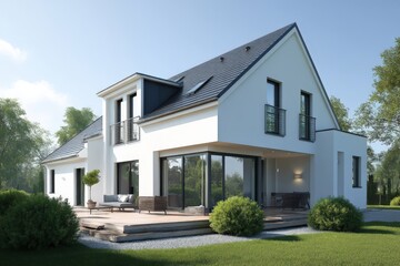 A white house with a black roof on a lush green lawn