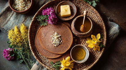 Traditional Ethiopian breakfast tray with injera, honey, tea, butter, and colorful flowers celebrating Enkutatash Ethiopian New Year