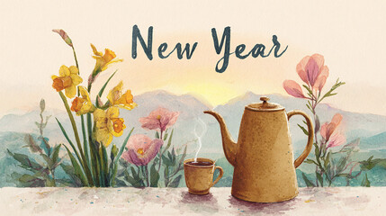 Watercolor Illustration of a coffee pot and cup with yellow and pink flowers, mountain sunrise, and New Year text celebrating Enkutatash