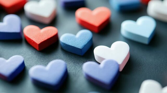 Colorful heart shape objects and candies scattered on dark surface create playful, charming, cheerful pattern with red, blue, white, and purple tones evoking love and warmth atmosphere
