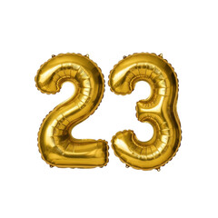 Golden foil balloon numbers 23 on transparent background for celebrations and anniversaries