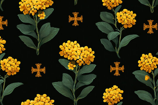 Adey Abeba and Cross Motif attern of yellow Adey Abeba flowers and traditional Ethiopian crosses on black background symbolizing Enkutatash celebration