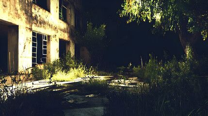 Abandoned building at night, overgrown with vegetation.  Cracked and decaying facade with broken windows.  Dim light illuminating the surroundings