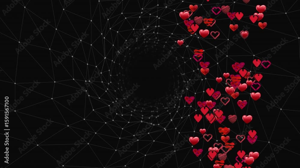 Poster red hearts emerging on right edge drifting into column then fading with wireframe mesh static