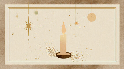Minimalist illustration of a glowing candle with stars and ornaments in warm tones representing light, renewal, and Enkutatash celebration