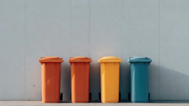 Colorful waste recycling bins and trash containers lined up in row