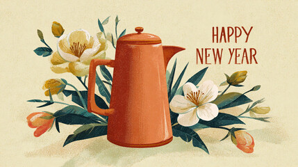Illustration of a red coffee pot with blooming flowers and Happy New Year text symbolizing Enkutatash celebration and Ethiopian tradition