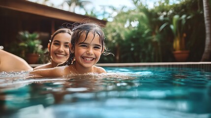 Joyful mother and giggling young daughter having fun together in a refreshing swimming pool at home.