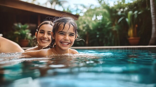 Joyful mother and giggling young daughter having fun together in a refreshing swimming pool at home.