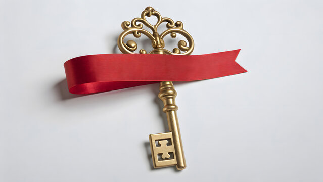 Golden Vintage Key with Red Ribbon on White Background