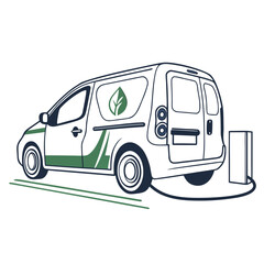 White electric van charging with green leaf logo eco friendly transportation