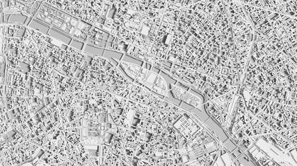 3D render map of Paris cityscape. 3D illustration of a top view of Paris, France.