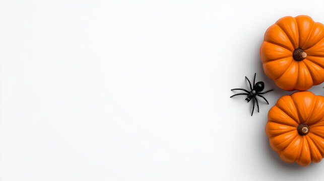 Blank white halloween card with pumpkins and spiders. Poster invitation mockup. Elegant autumnal design featuring spooky gourds and arachnids ideal for a festive gathering announcement or