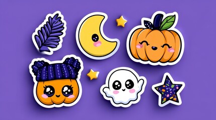 Fototapeta premium Cool Halloween stickers featuring pumpkins ghosts skulls and playful autumn themed characters for festive decoration. Adorable autumn imagery embellishes spooky season decor delightful