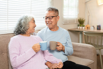 A happy elderly couple relaxing together on the sofa at home and drinking coffee. Senior couple...