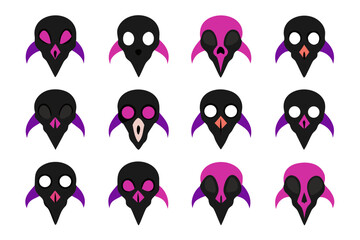 Collection of stylized bird skull icons with different colorful eye and beak variations