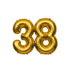 Golden metallic helium balloons number 38 on transparent background