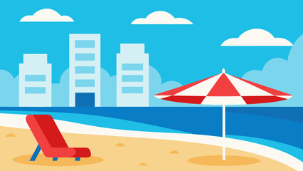 Beach scene with lounge chair and umbrella in front of city buildings isolated on white background