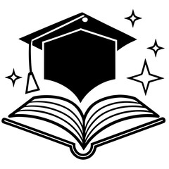 Graduation cap and open book with stars isolated on white background