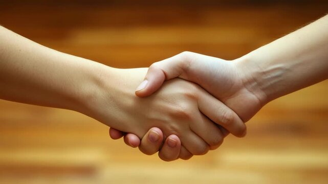 Two hands shaking friendly gesture symbolizing agreement trust cooperation warm skin tones blurred wooden background positive business deal commitment collaboration teamwork human connection