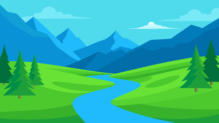 Flat design mountain landscape with winding river and pine trees isolated on white background