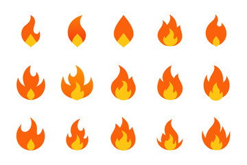 Collection of stylized flame icons with orange and yellow colors isolated on white background