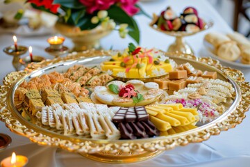 Assorted sweets plate featuring various desserts including pastries, candies, and confections arranged beautifully on a decorative golden tray, perfect for celebrations and gatherings. Sweets Plate