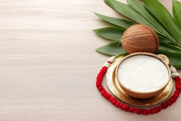 Traditional offering of fresh curd in a decorative bowl, surrounded by coconut and green leaves, symbolizing prosperity and celebration during festive occasions