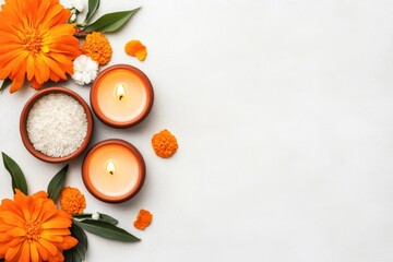 Diyas on Tray. Diyas on a tray surrounded by vibrant marigold flowers and rice, creating a serene atmosphere for celebrations and rituals, with soft lighting enhancing the scene