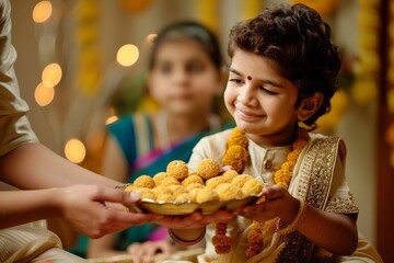 Young boy joyfully receiving a plate of traditional sweets, adorned with festive decorations, showcasing cultural celebration and family bonding during a joyful occasion. Sweets Plate