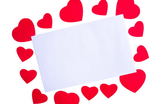blank paper with red heart frame isolated on white background