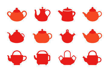 Collection of twelve red and orange teapots in various styles isolated on white background