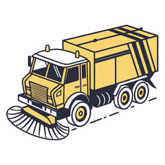 Yellow sweeper truck with brushes and stripes street cleaning municipal