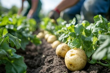 Farmer family harvesting potatoes in a summer garden, emphasizing agricultural work and the connection to homegrown food, Generative AI