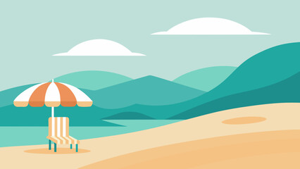 Relaxing beach scene with striped chair and umbrella under cloudy sky isolated on white background