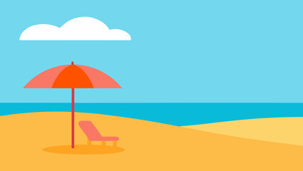 A vibrant beach scene with a pink lounge chair and umbrella on the sand under a blue sky with a cloud isolated on white background