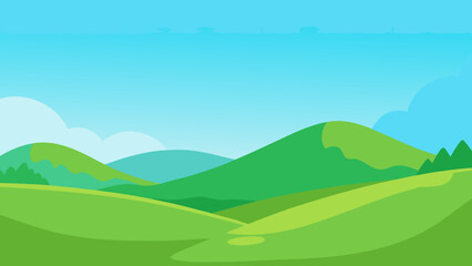 Vibrant cartoon landscape with rolling green hills and fluffy clouds under a clear blue sky isolated on white background
