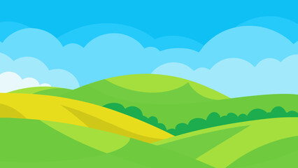 Stylized cartoon rolling green hills and yellow field under a blue sky with fluffy clouds isolated on white background