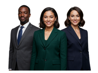 Three diverse professional business people smiling confidently together in smart attire isolated on transparent background