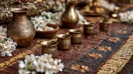 Traditional Ethiopian brass cups and vessels on a woven tablecloth with white flowers symbolizing cultural rituals and Enkutatash celebration