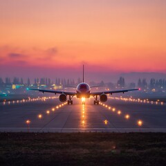 Airplane Landing At Sunrise On Runway
