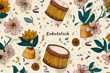 Festive Enkutatash pattern with traditional Ethiopian drums, yellow flowers, confetti, and festive decor