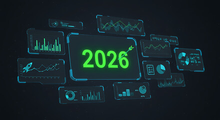 Futuristic 2026 financial forecast displayed on holographic digital screens showing various data graphs and charts.