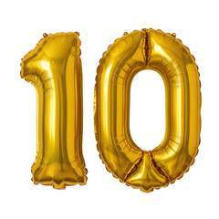 Golden number 10 balloon on transparent background for celebration