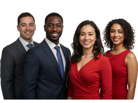 Diverse group of four smiling business professionals in formal attire standing together isolated on transparent background - Powered by Adobe