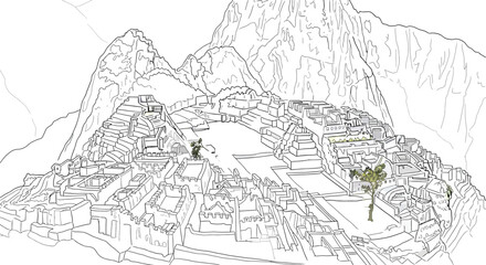 Naklejka premium Machu Picchu Peru Structure Adult Coloring Page Detailed Archaeological Site Art