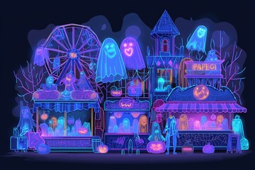 Obraz premium Colorful Halloween festival scene featuring illuminated attractions, ghostly figures, and festive decorations, creating a vibrant atmosphere of joy and spookiness for seasonal celebrations