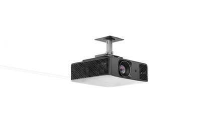 Black Ceiling Projector Mounted on Ceiling with White Mounting Bracket in Modern Room