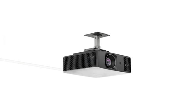 Black Ceiling Projector Mounted on Ceiling with White Mounting Bracket in Modern Room