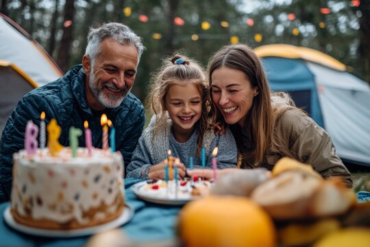 Multi-generational family celebrating a birthday outdoors at a campsite, during a caravan holiday trip, emphasizing the importance of family bonding and outdoor adventures, Generative AI - Powered by Adobe